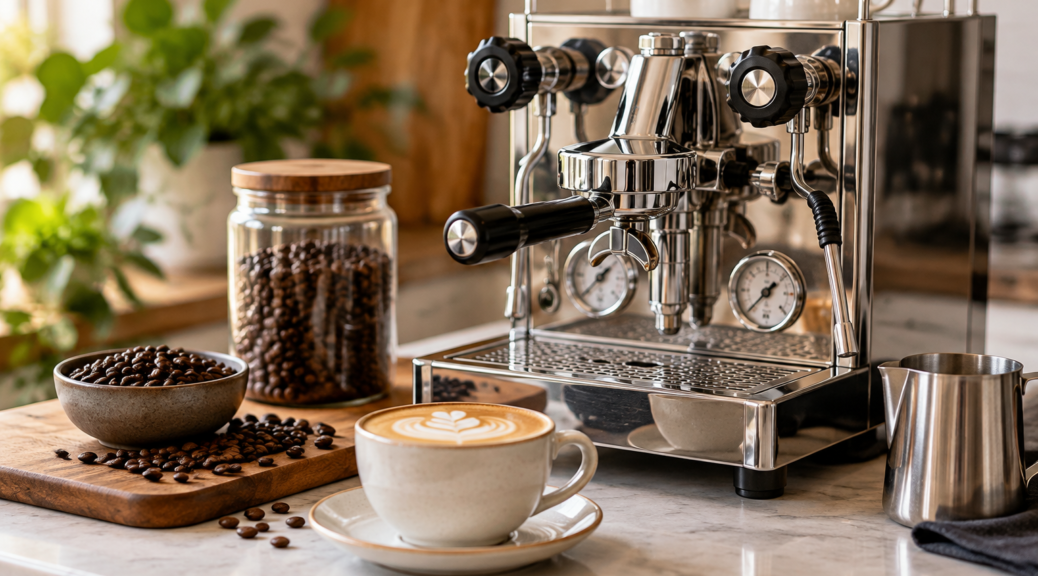 Home espresso machine making coffee